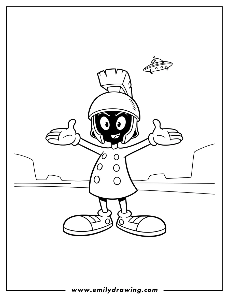 Downloadable coloring page of easy Marvin Martian standing with open hands