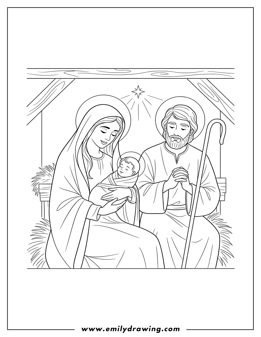 Coloring sheet featuring mary holding newborn Jesus and looking down at him, with Joseph looking on