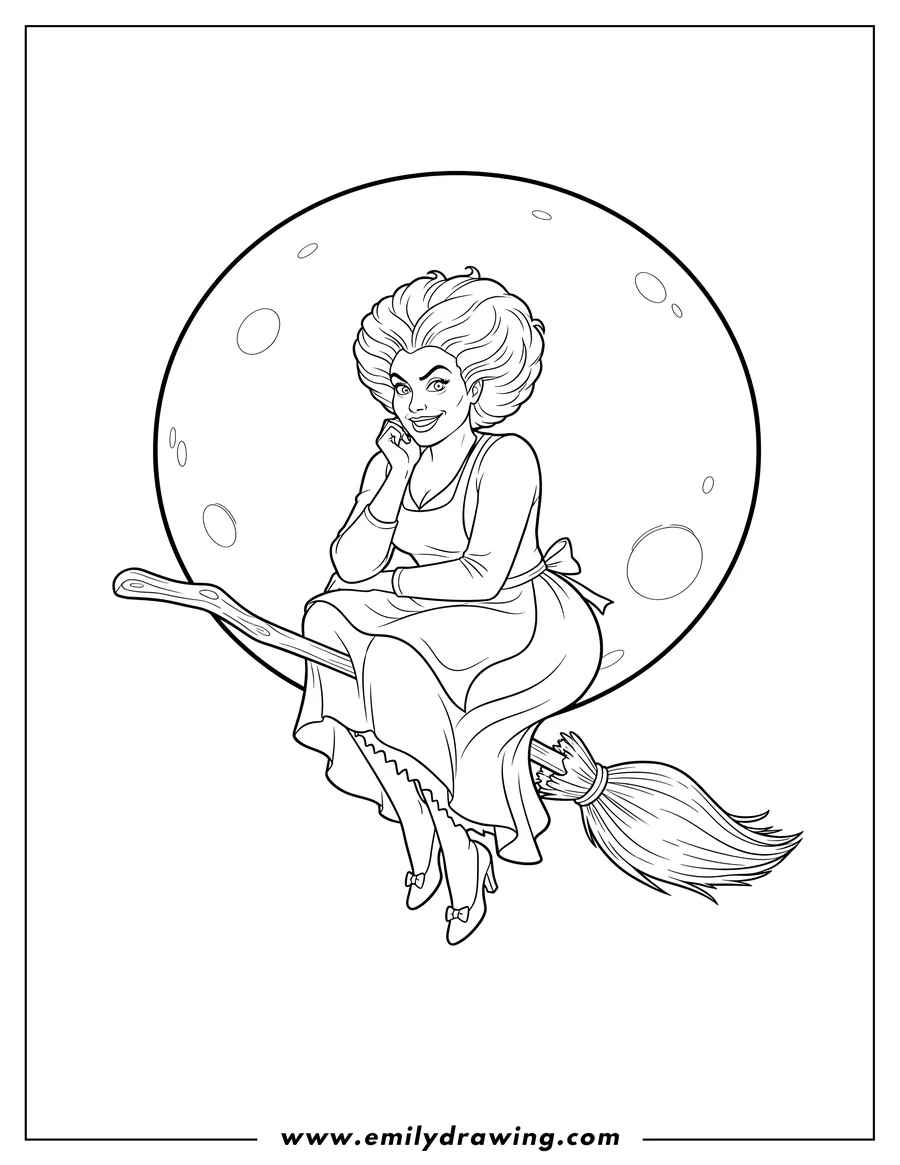 Printable line art of mary Sanderson sitting on her broom with a sly pose, against a full moon