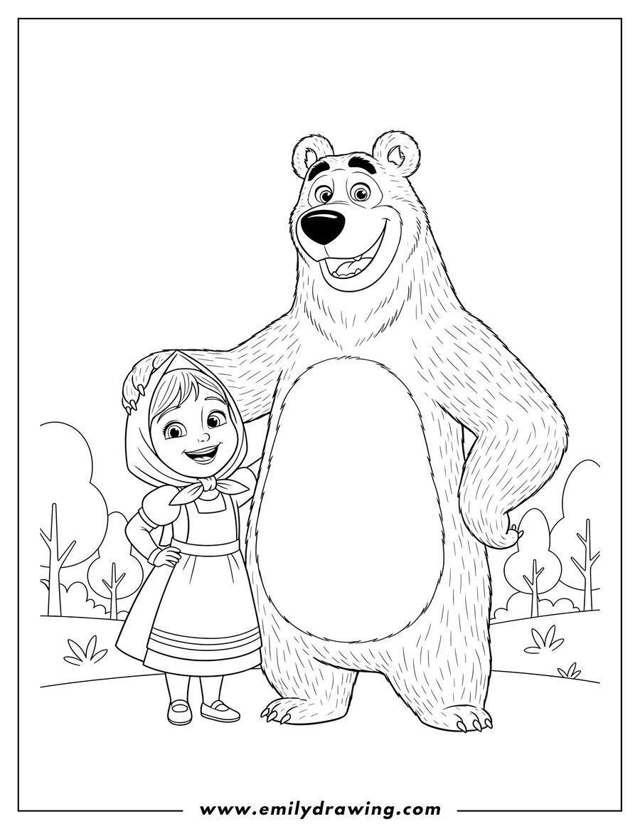 Free printable coloring sheet of easy Masha And Bear standing together, smiling