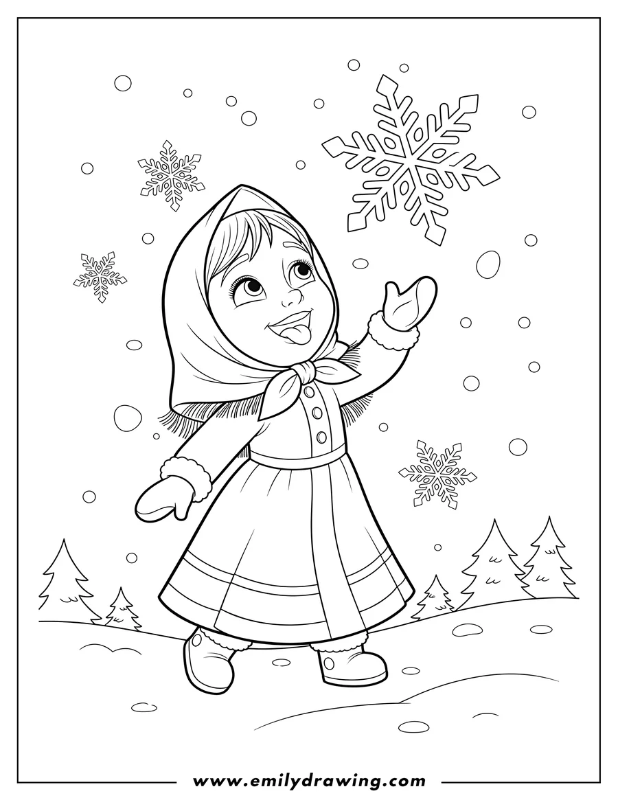 Vector style outline of masha sticking out her tongue to catch snowflakes