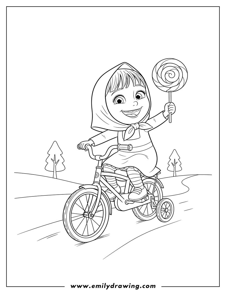 PDF style coloring page: masha, smiling and wearing her headscarf, riding a bicycle with training wheels while holding up a lollipop