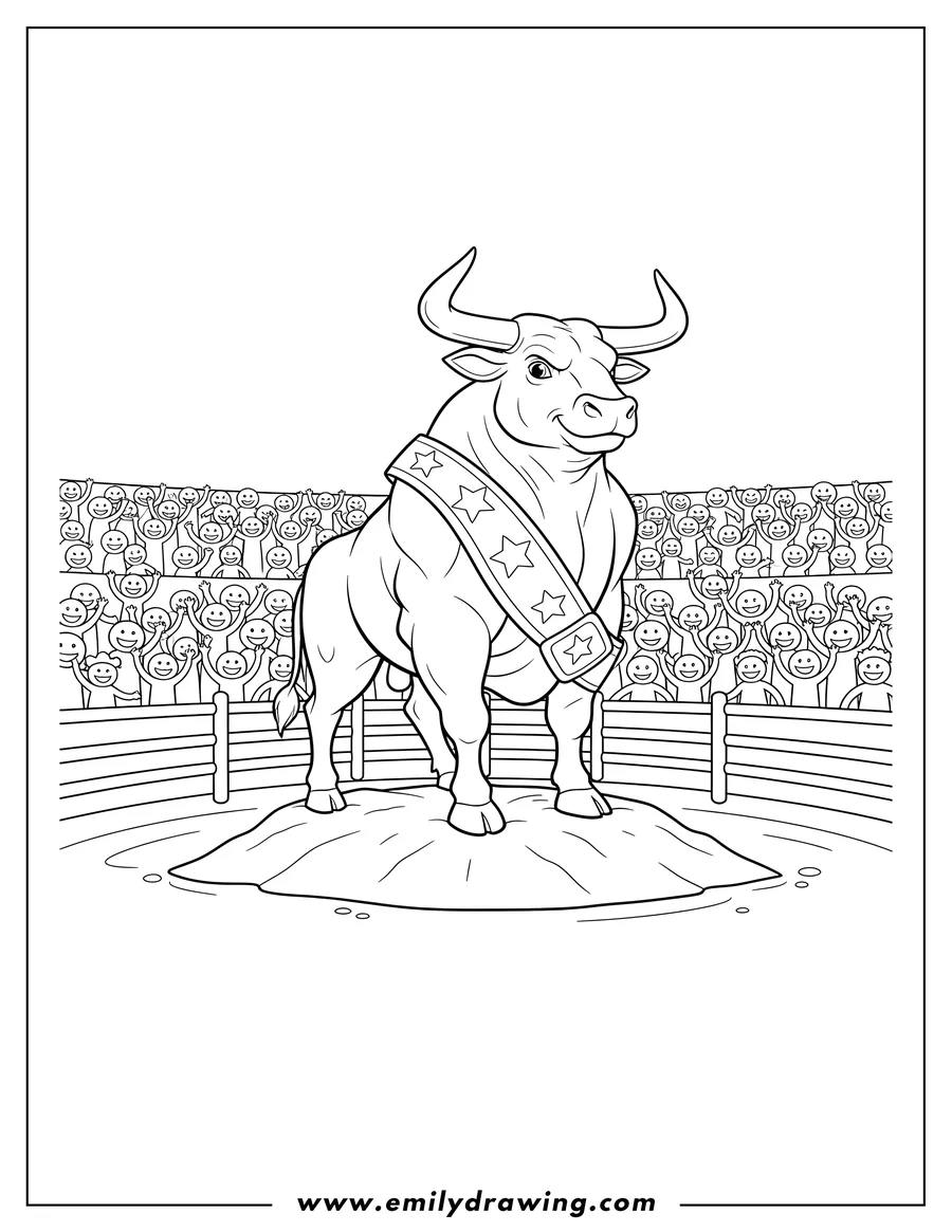 Free printable coloring sheet of massive Bull wearing a sash in a Rodeo Stadium Full People