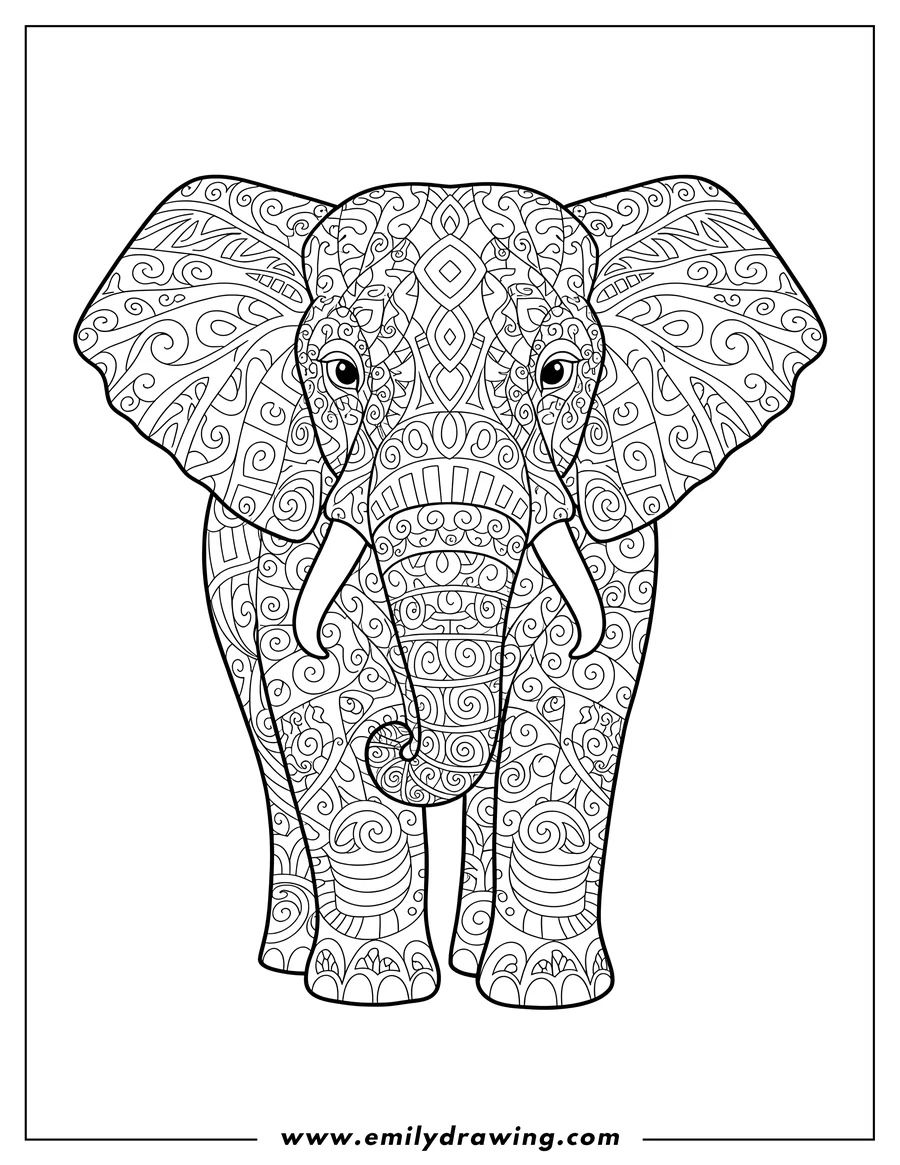 Clean line drawing: massive Elephant Zentangle, facing forward, with a curled trunk