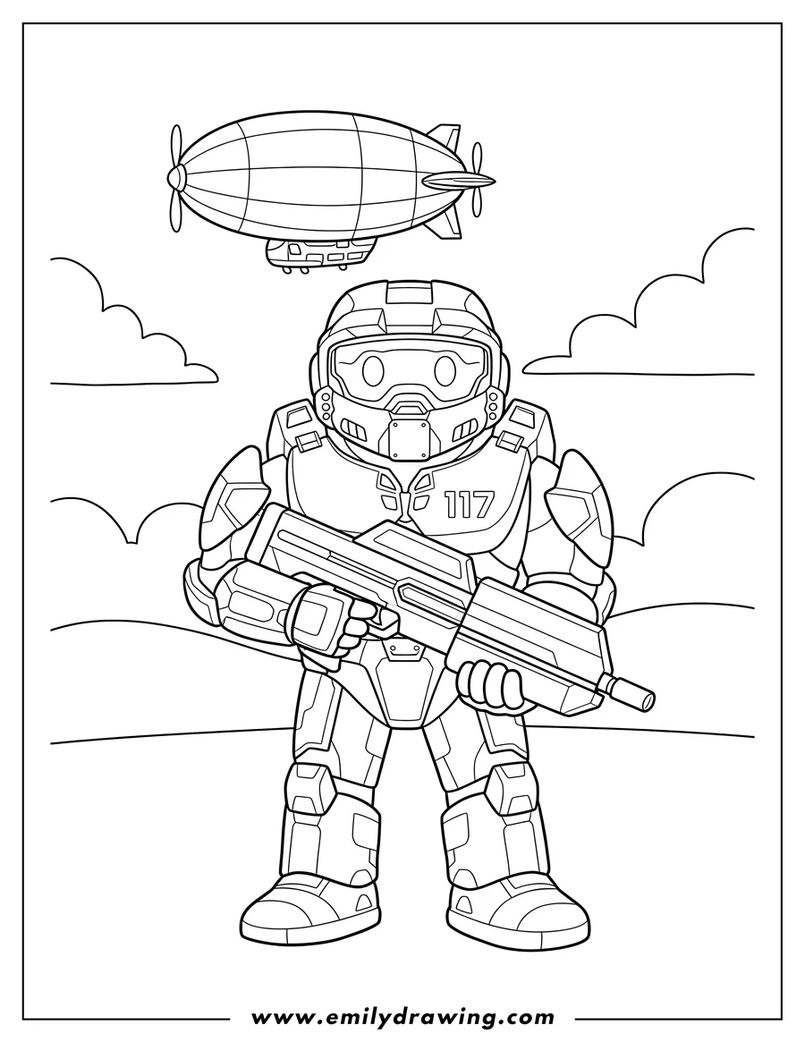 Linear illustration of easy Halo Master Chief holding a rifle, with number 117 on armor, and an airship in the sky