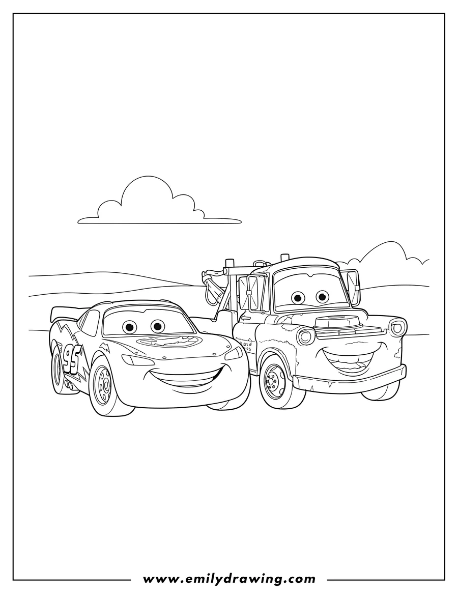 Downloadable coloring page of mater and Lightning McQueen smiling side-by-side