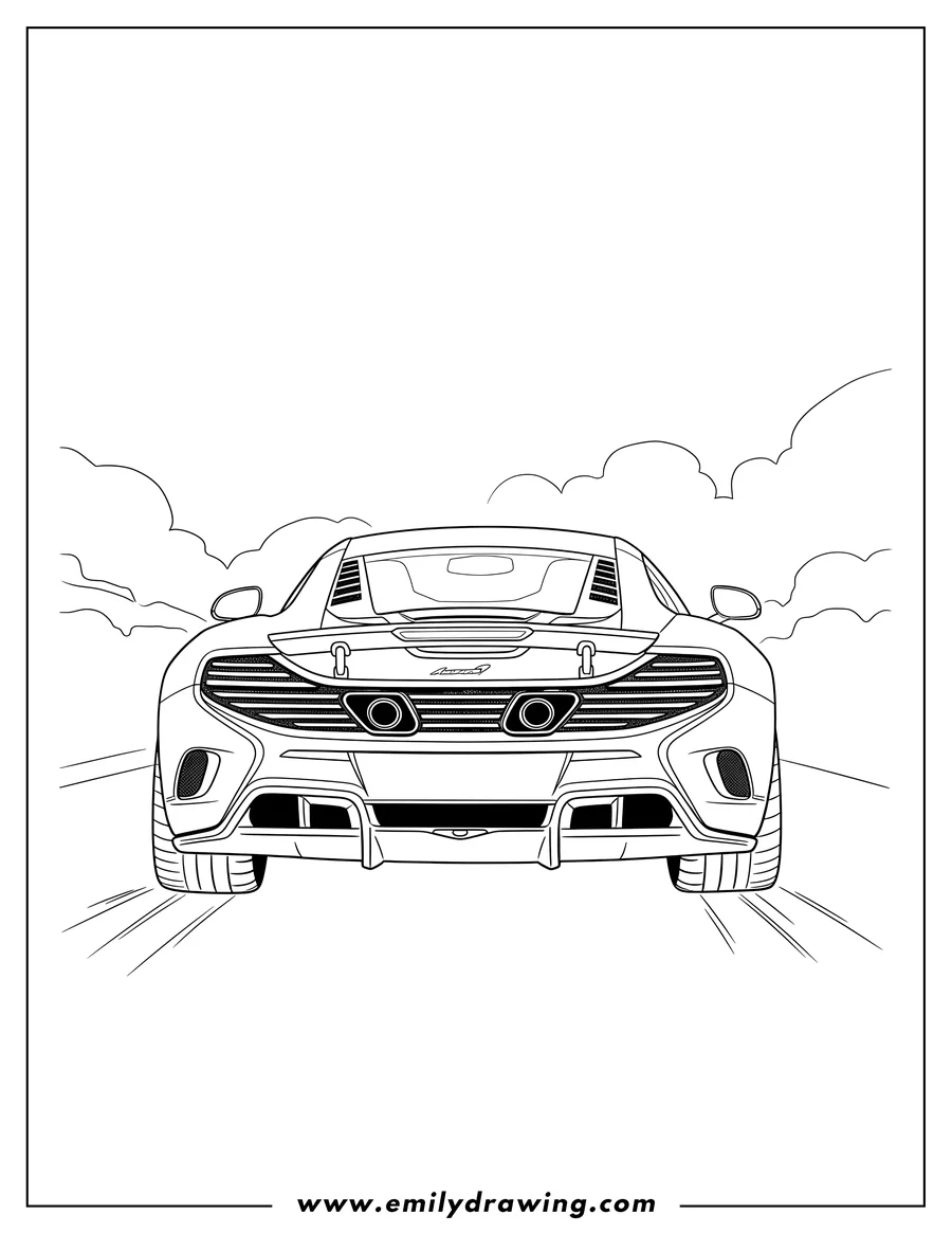 Black and white line art of mclaren 675Lt driving, rear view