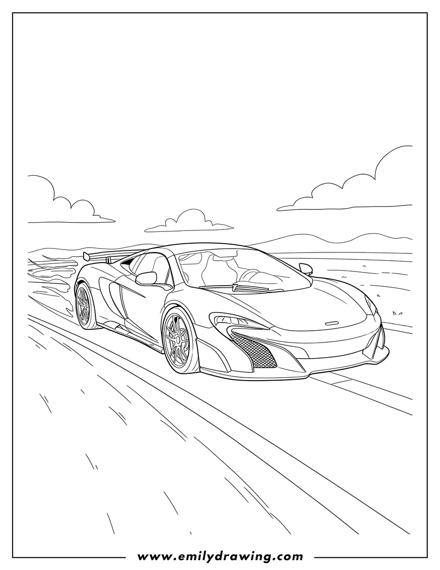 Vector style outline of easy Mclaren 675Lt Outline On Road, speeding, front-side view