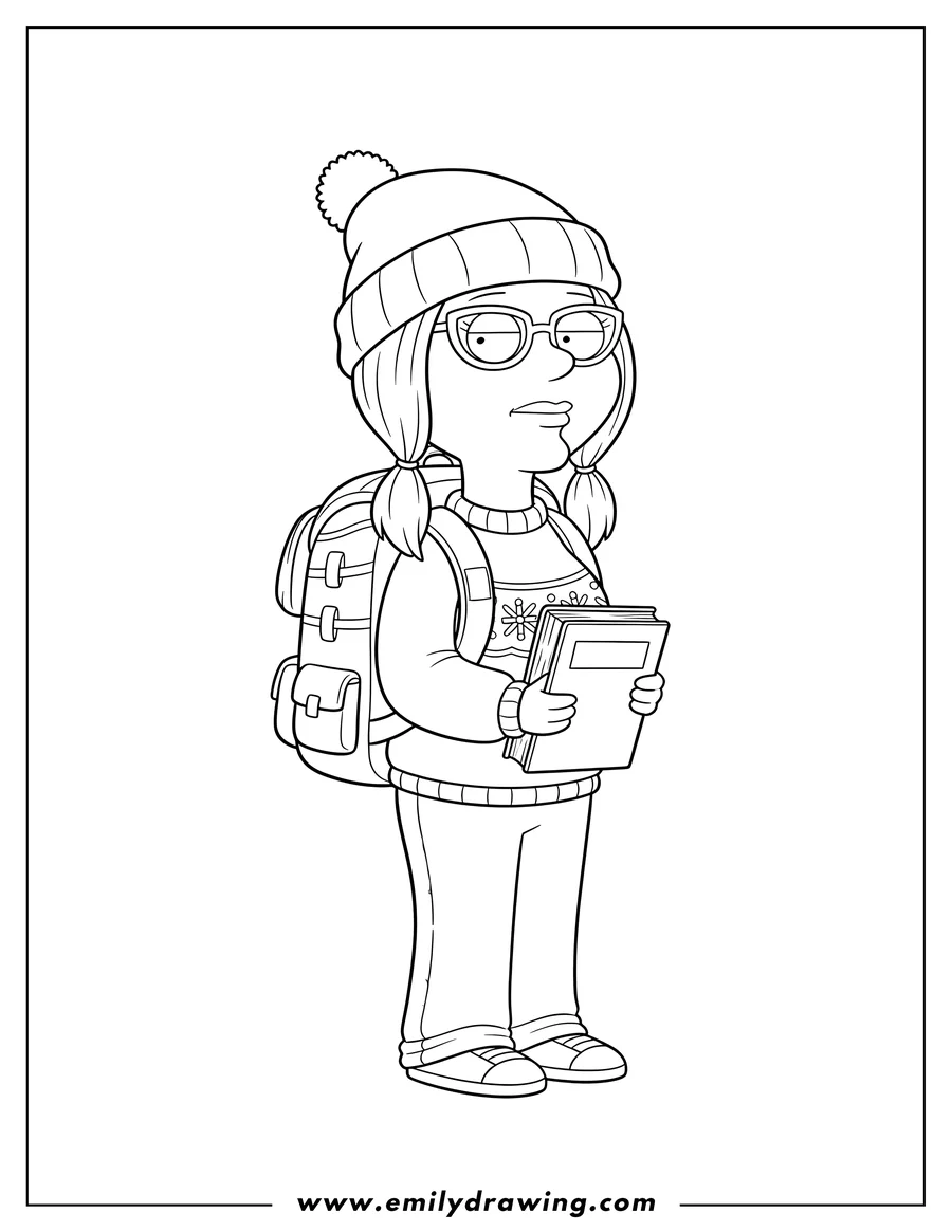 Doodle style coloring picture of family Guy Meg Griffin wearing a hat and a backpack, holding a textbook
