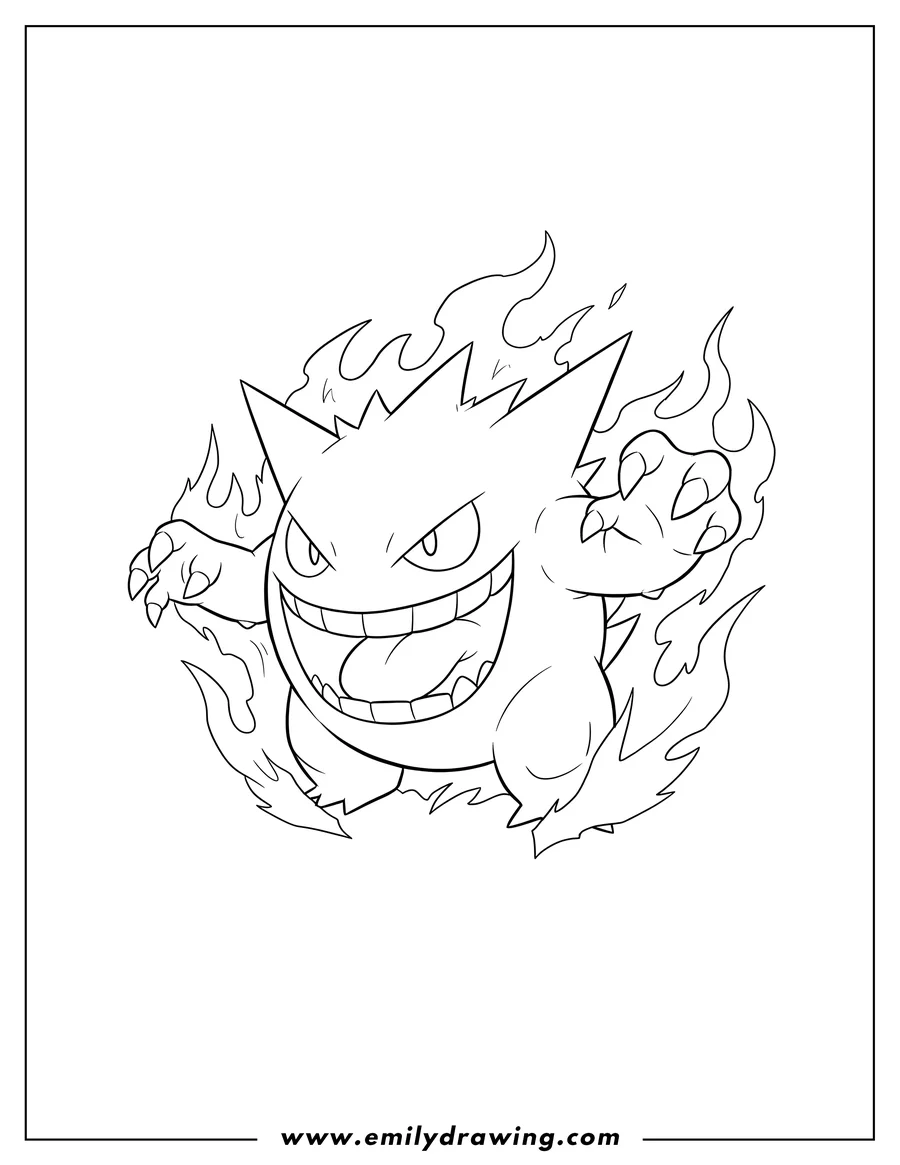 Doodle style coloring picture of mega Gengar grinning with spread claws and energy aura
