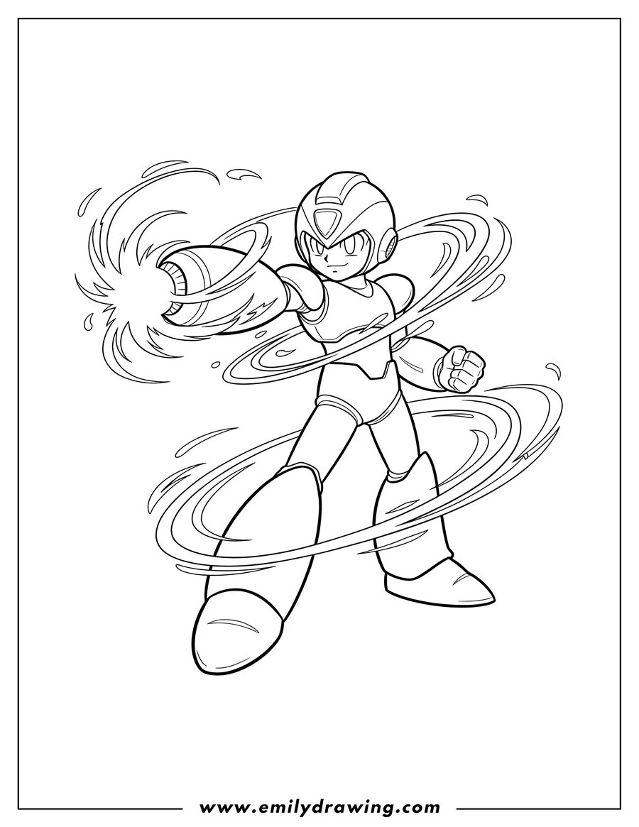 Free printable coloring sheet of mega Man Exe holding his arm cannon with energy flowing around him
