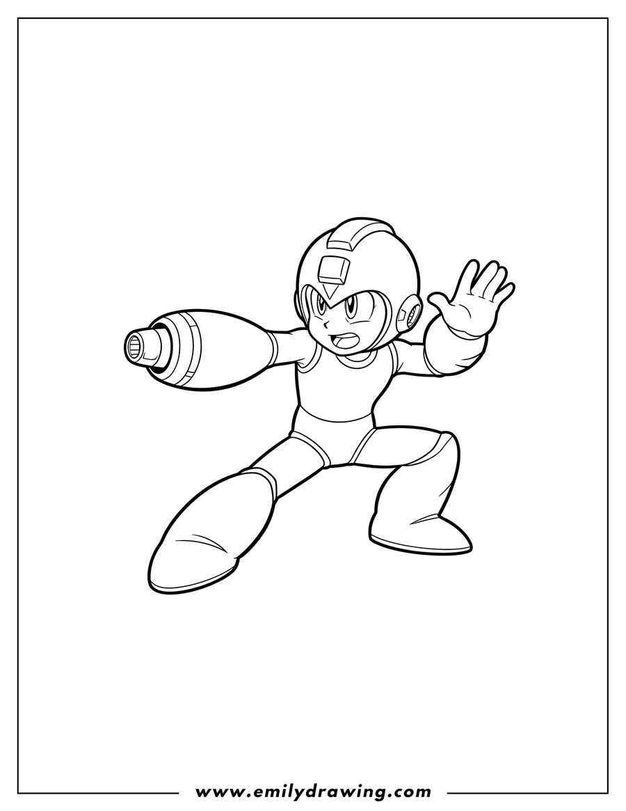 Coloring sheet featuring easy Mega Man Fighting Pose, crouching with an extended arm and a raised hand