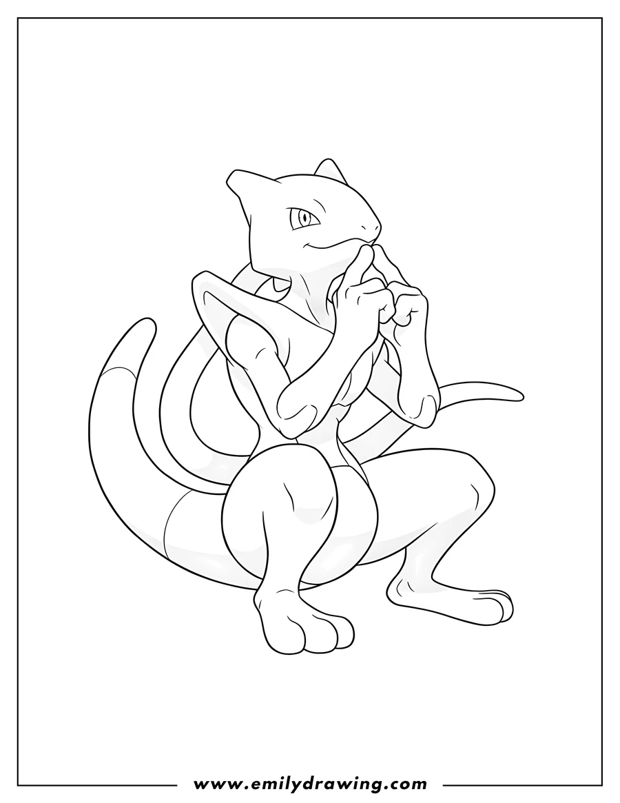 Coloring page of easy Mega Mewtwo sitting, hands near face, looking up