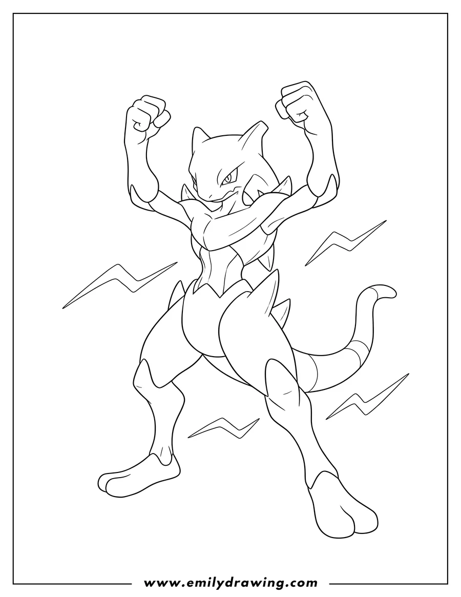 Free printable coloring sheet of easy Mega Mewtwo Y Outline, looking fierce with arms raised and fists clenched