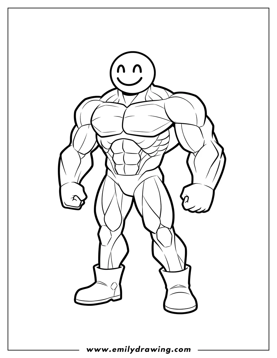 Downloadable coloring page of mega Noob Scaled, a muscular figure with a smiley face