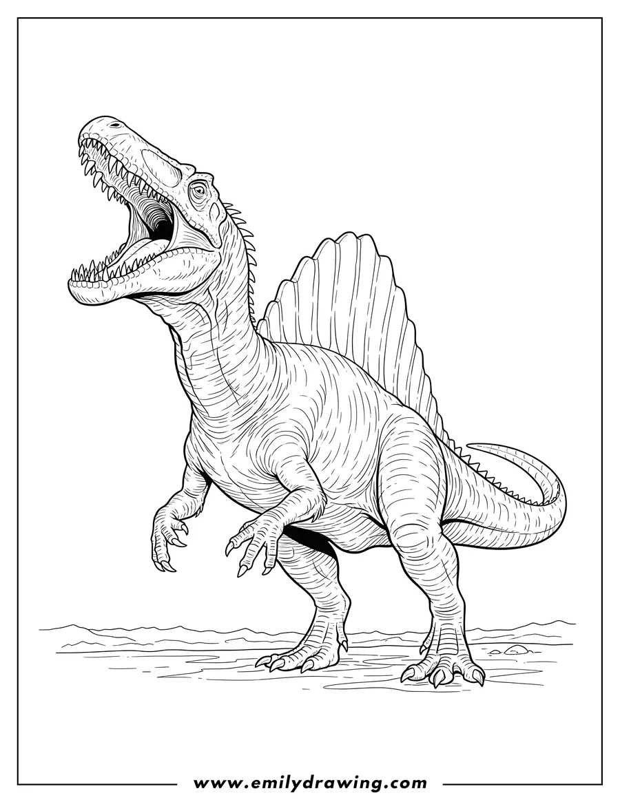 Printable line art of mega Spinosaurus Outline, roaring