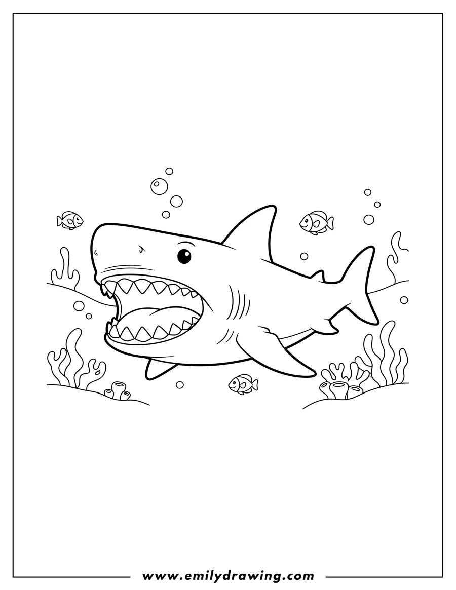 Clean line drawing: easy Megalodon Undersea with its mouth wide open showing sharp teeth