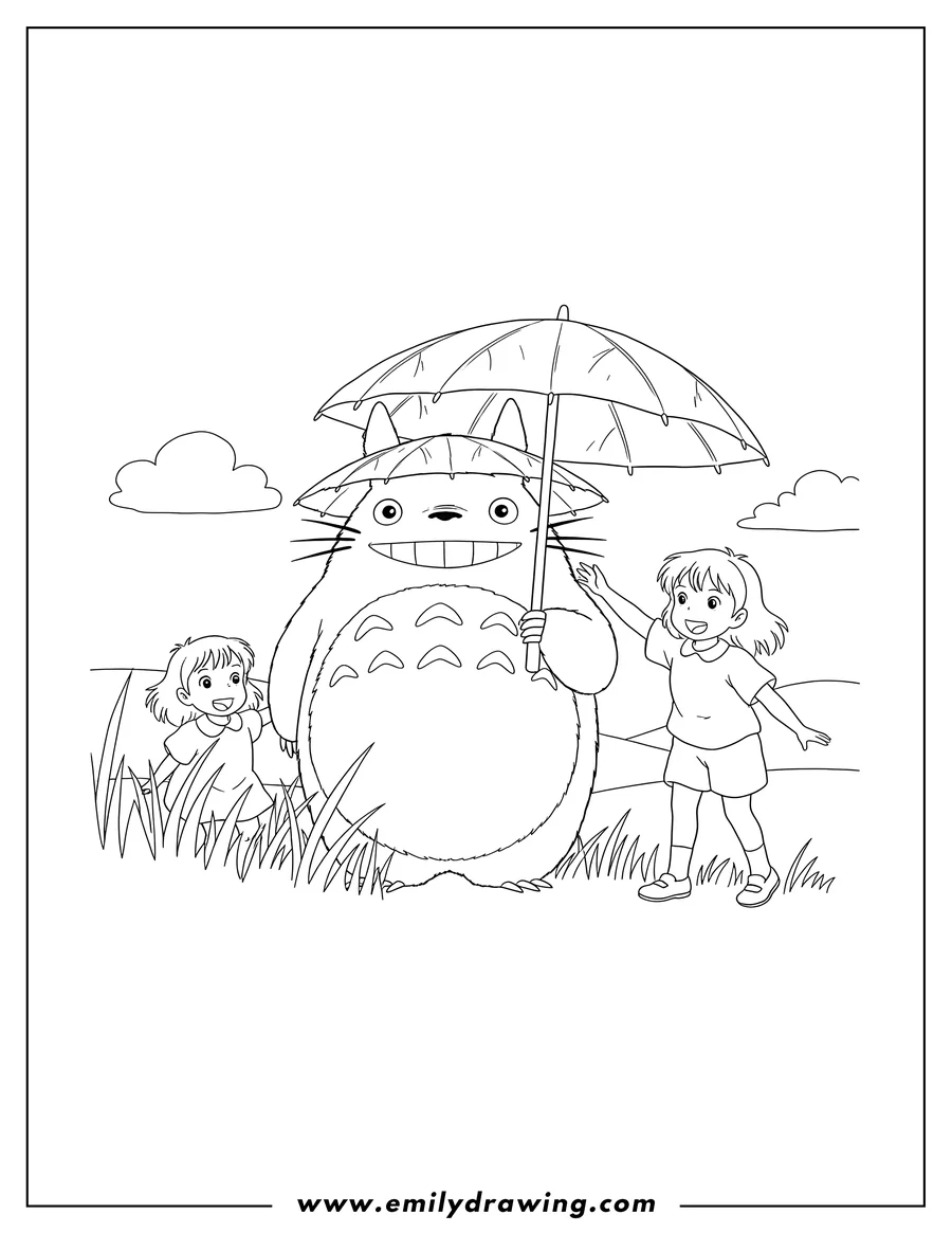 Free to print drawing of mei And Satsuki Playing With Totoro Studio Ghibli, Totoro holding an umbrella and wearing a leaf hat, Mei peeking from tall grass