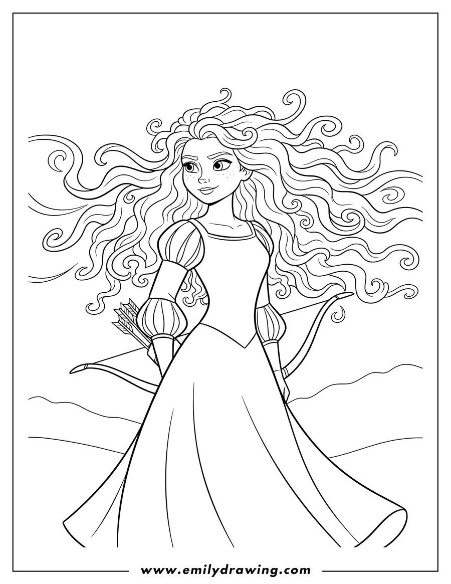 Printable line art of easy Merida with long curly hair, looking to the side
