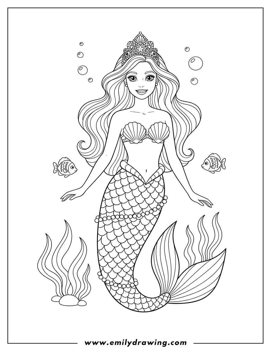 Free printable coloring sheet of mermaid Barbie with a crown, seashell top, and beaded tail, under water, coloring page