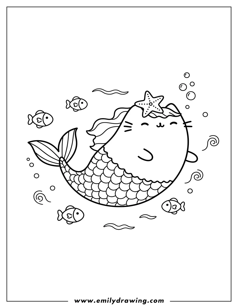 Vector style outline of mermaid Pusheen Scaled, wearing a starfish on her head, swimming with small fish