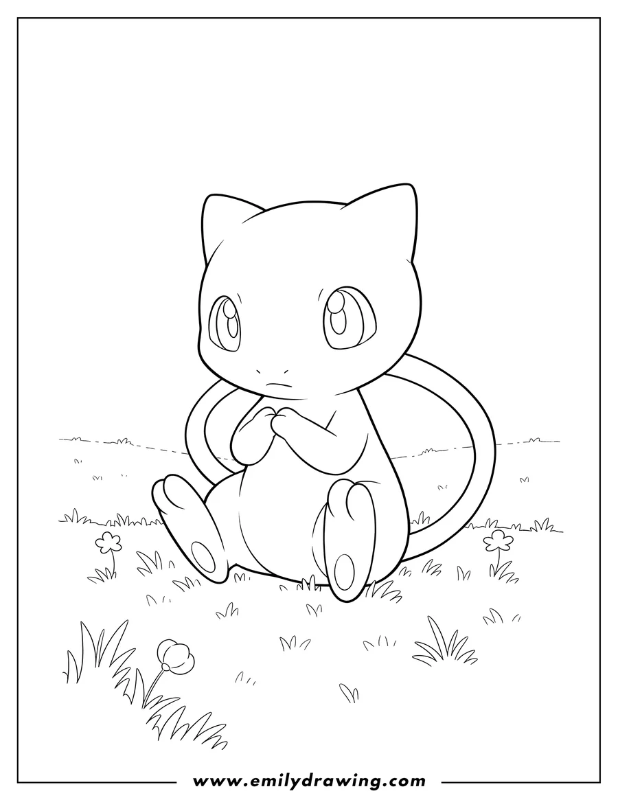 Free printable coloring sheet of mew Sitting On Grass with large eyes and paws near its chest