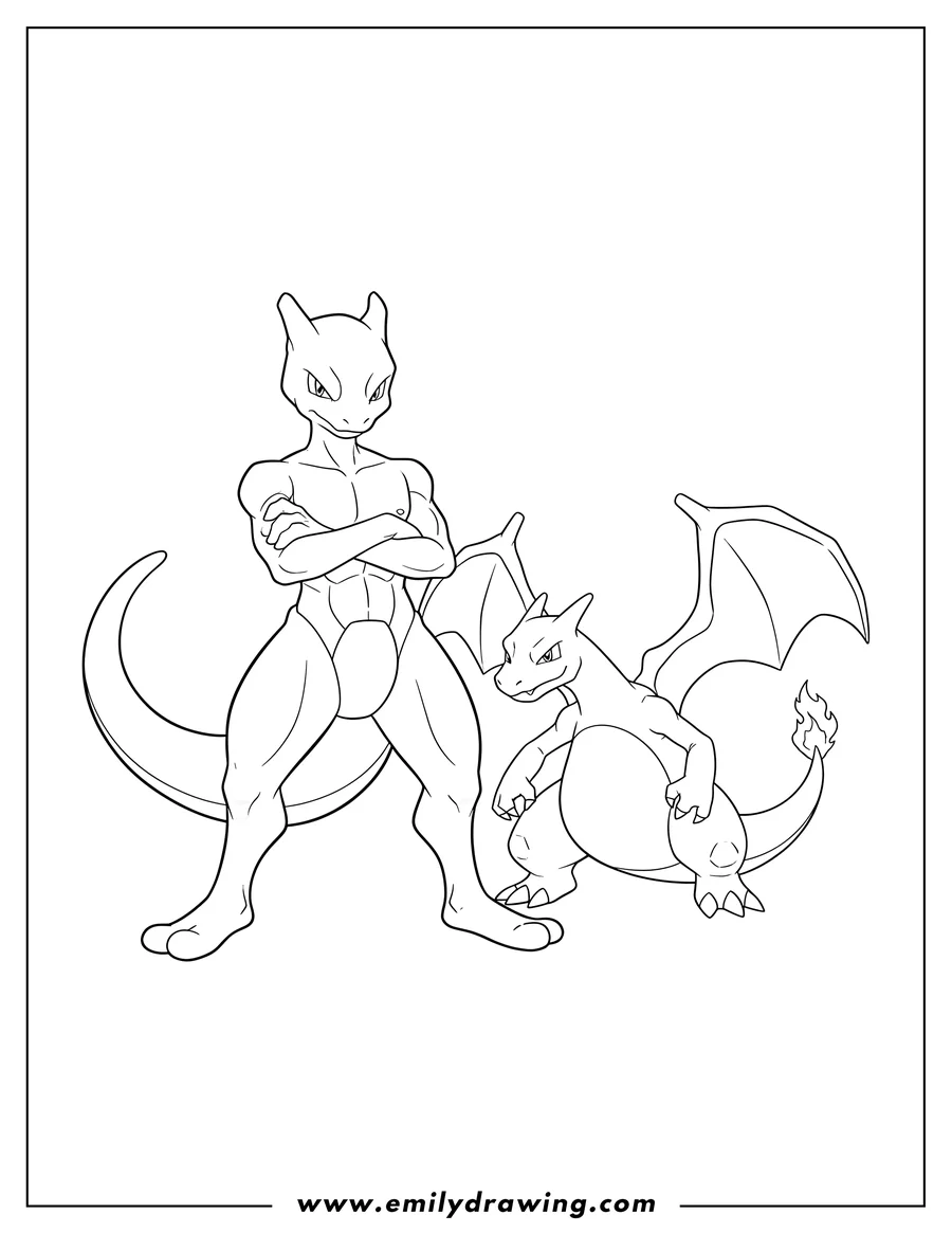 Coloring page for kids: mewtwo and Charizard Pokemon Poster with Mewtwo standing arms crossed and Charizard crouching