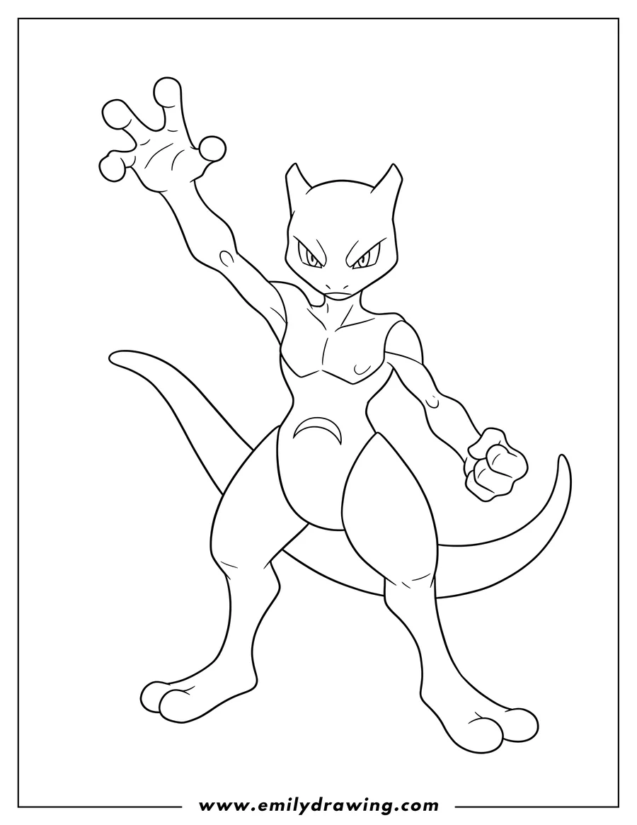 Simple sketch of easy Mewtwo standing with one arm raised, looking intense to color