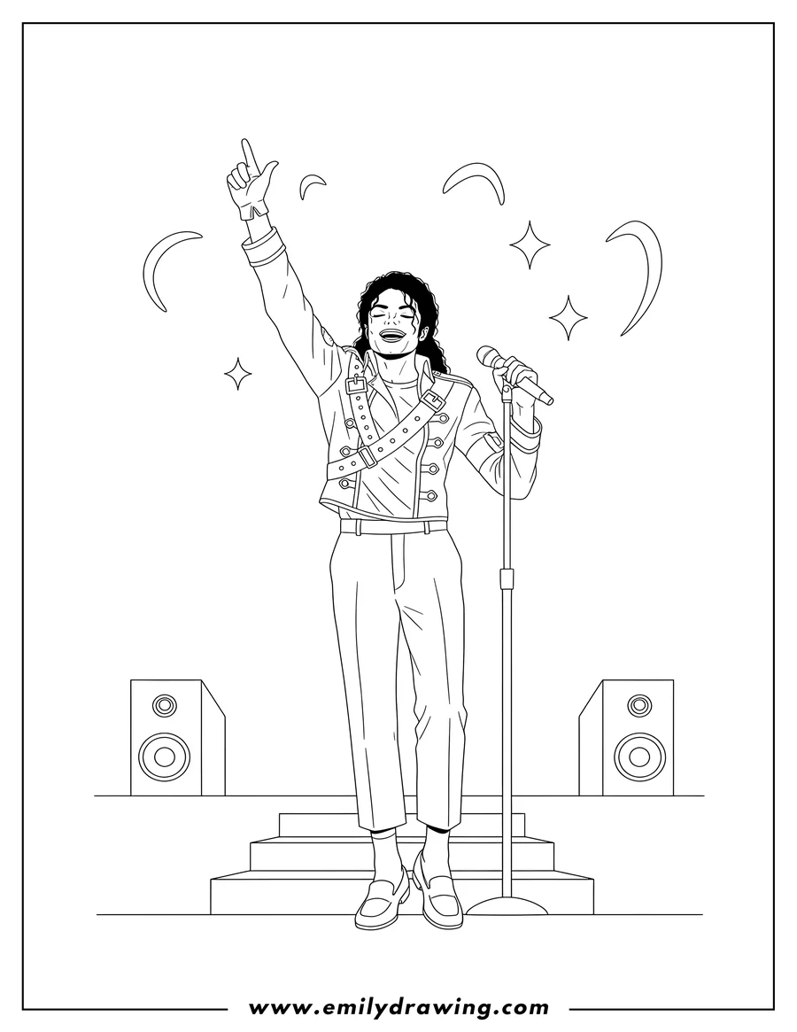 Printable line art of michael Jackson Singing On Stage Iconic Outfit, looking up and holding a microphone with one arm raised