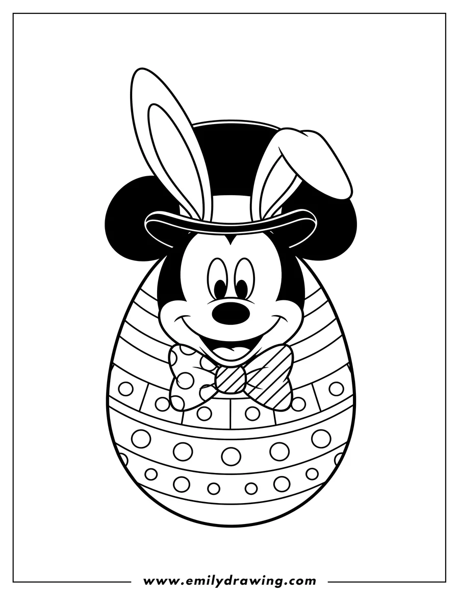 Coloring page of easy Mickey Mouse Easter Egg Preschoolers, wearing a top hat with bunny ears and a bowtie