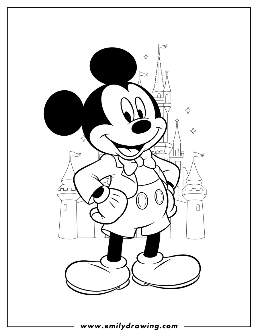 Full page coloring image of mickey Mouse Disney Cover Image, standing and smiling, with one hand on his hip