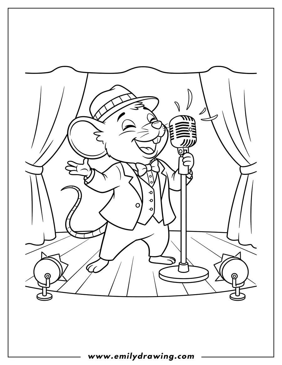 Vector style outline of mike the mouse, wearing a hat and suit, singing enthusiastically into a large microphone on stage