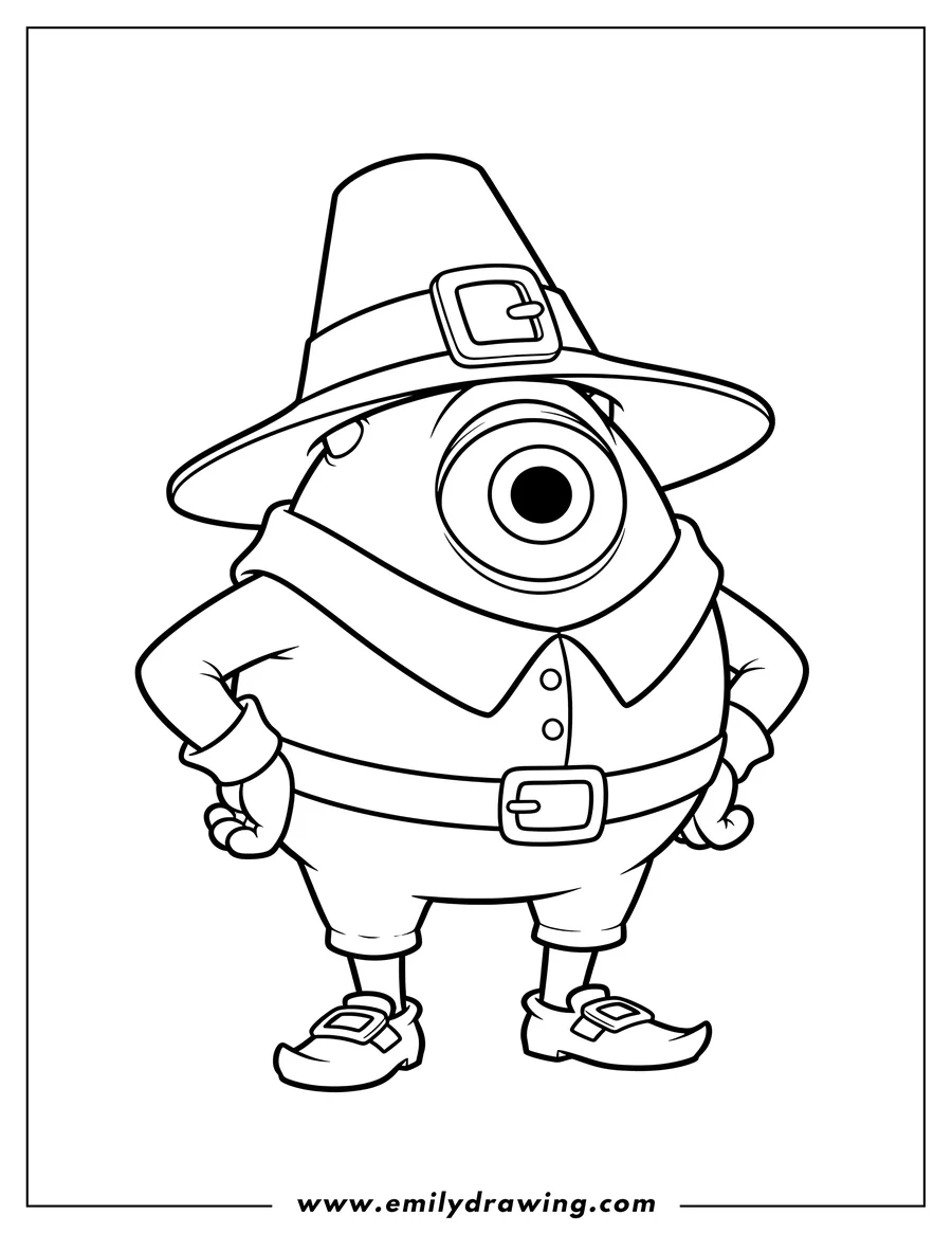 Black and white line art of mike Wazowski Dressed As Pilgrim, with one large eye and hands on hips
