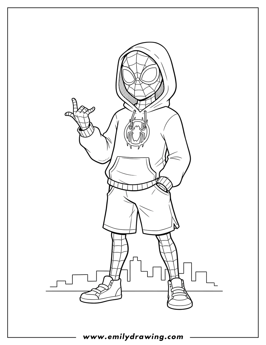 Coloring page of easy Miles Morales Spider Man wearing a hoodie and shorts