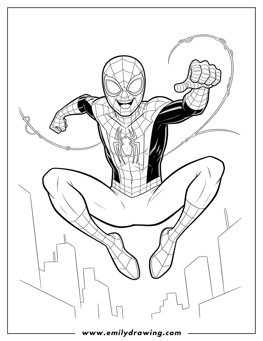 Downloadable coloring page of easy Miles Morales, leaping and smiling in his Spider-Man suit