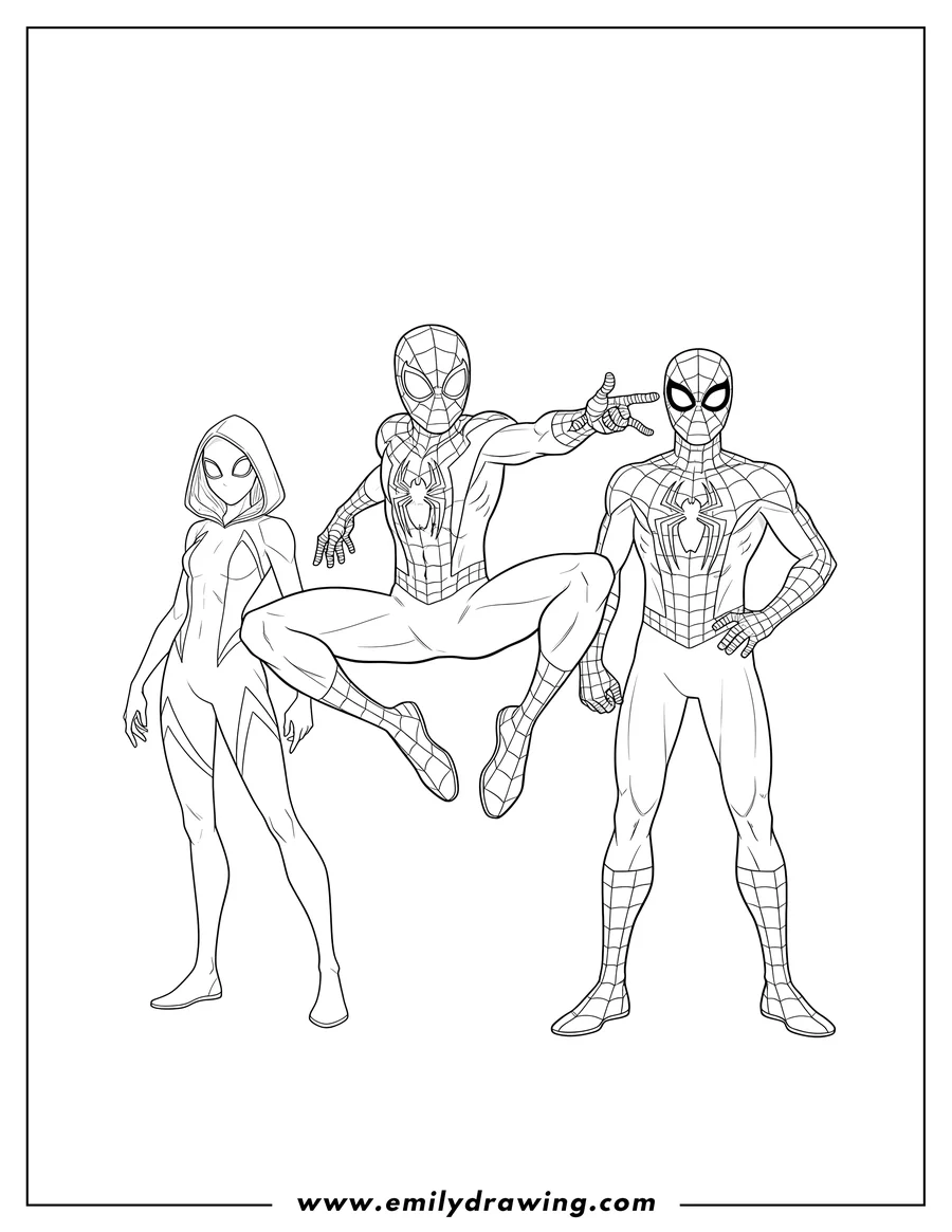 Doodle style coloring picture of miles Morales With Spider Man And Ghost Spider, with Miles leaping and Spider-Man and Ghost-Spider standing beside him
