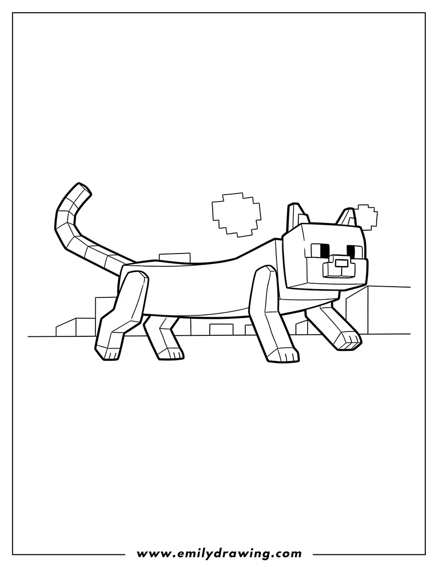 PDF style coloring page: minecraft Cat, elongated and walking
