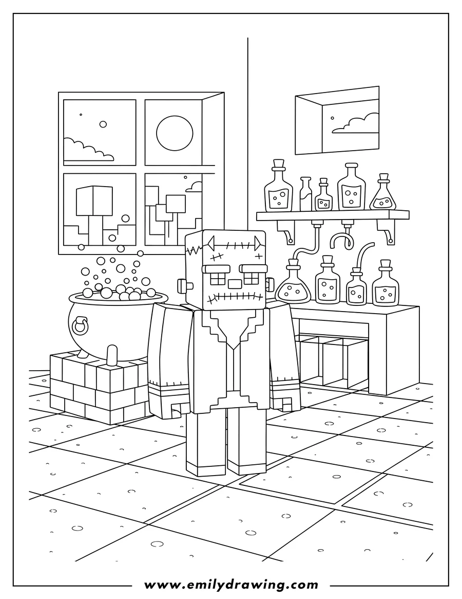 Outline drawing of minecraft Frankenstein monster standing in a potion laboratory
