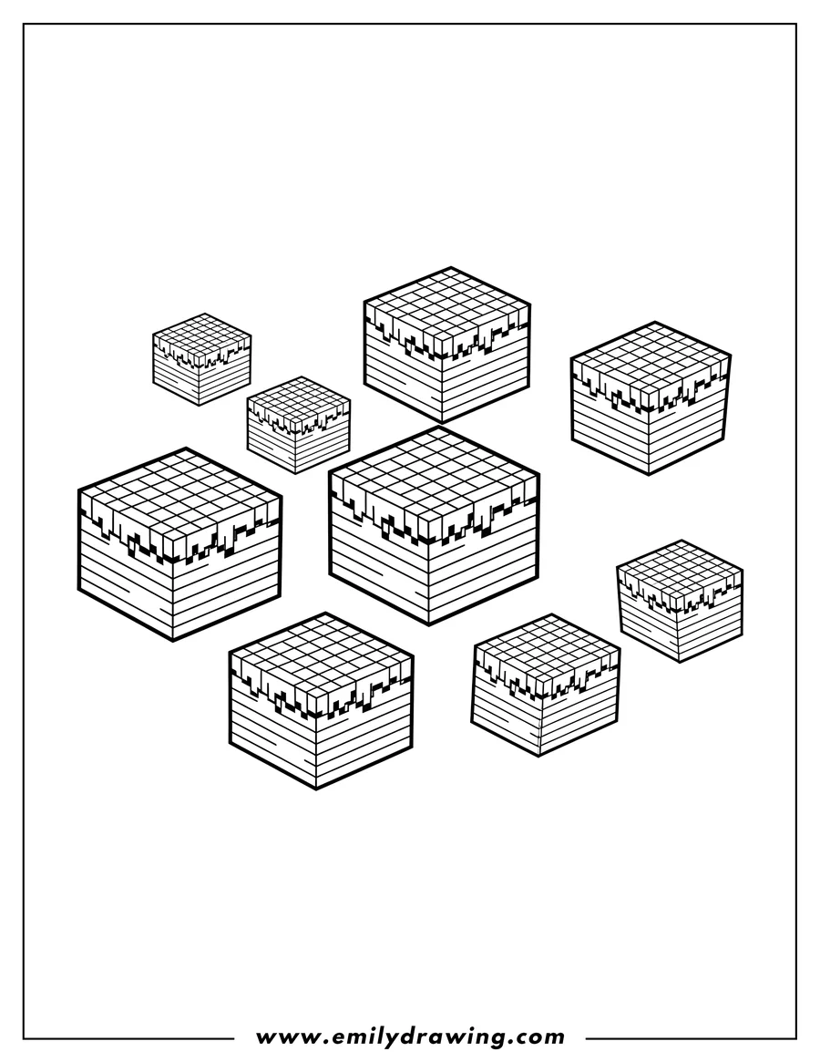 Outline drawing of minecraft grass blocks, scattered