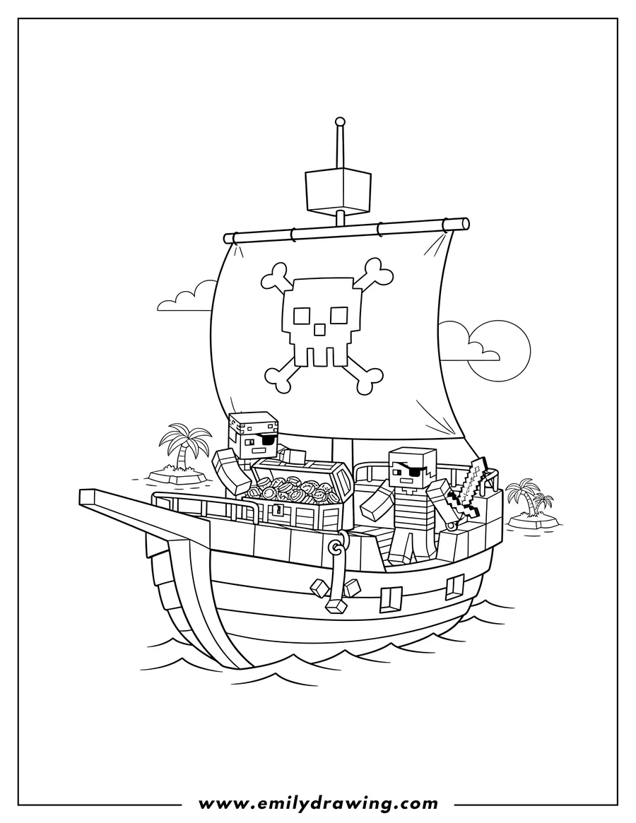 Clean line drawing: easy Minecraft Pirate Ship with two pirates, one holding a treasure chest, and a skull and crossbones on its main sail