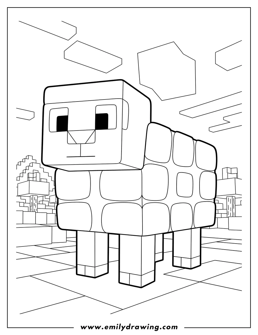 Full page coloring image of minecraft Sheep Scaled, standing with square eyes and mouth