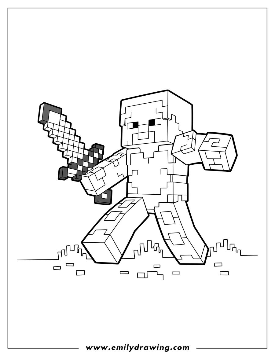 Printable coloring page of easy Minecraft Steve Armor Scaled, holding a sword and stepping forward