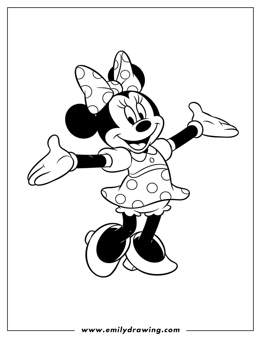 Free printable coloring sheet of minnie Mouse happily standing with arms out