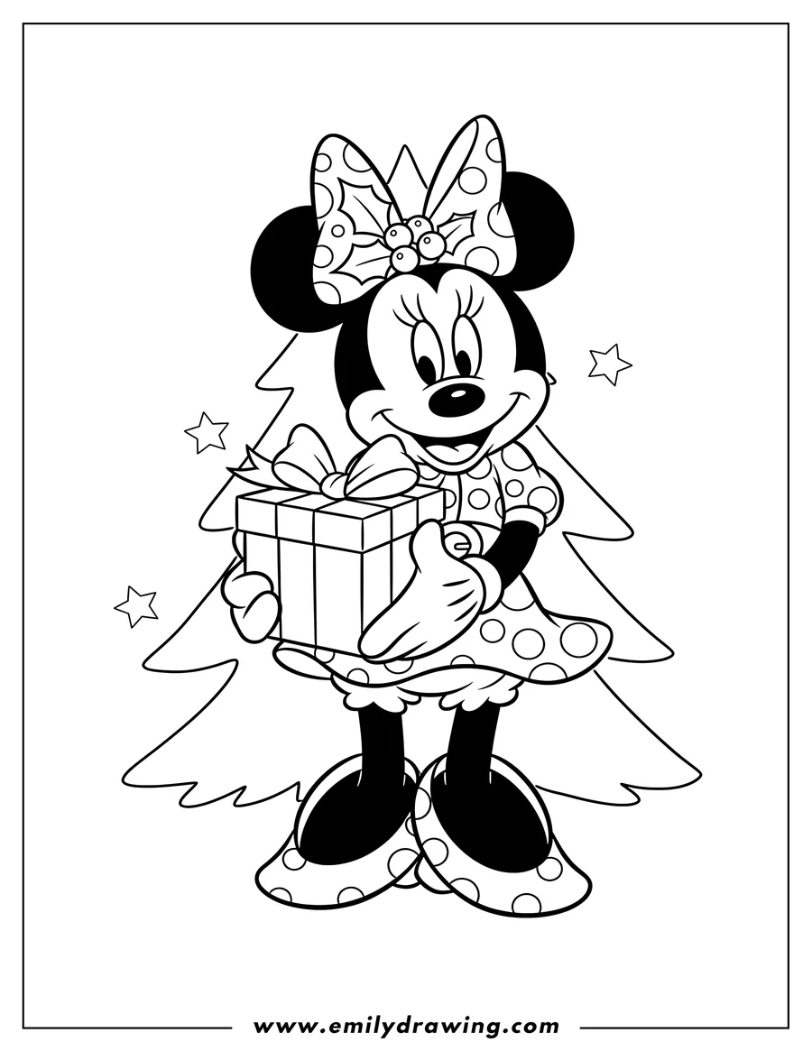 PDF style coloring page: minnie Mouse in a Christmas outfit, holding a present