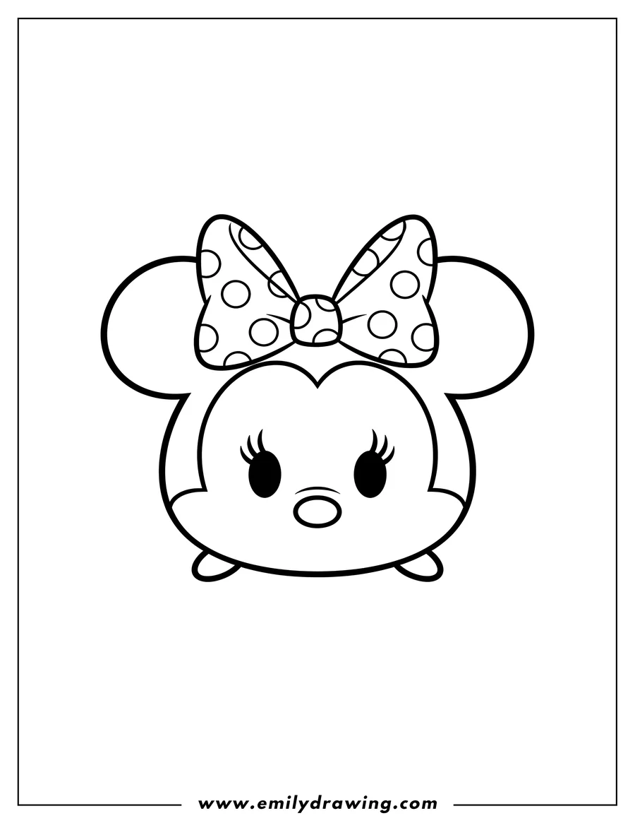 Printable line art of [Scene]: Easy Minnie Mouse Tsum Tsum for preschoolers, with a polka dot bow and eyelashes