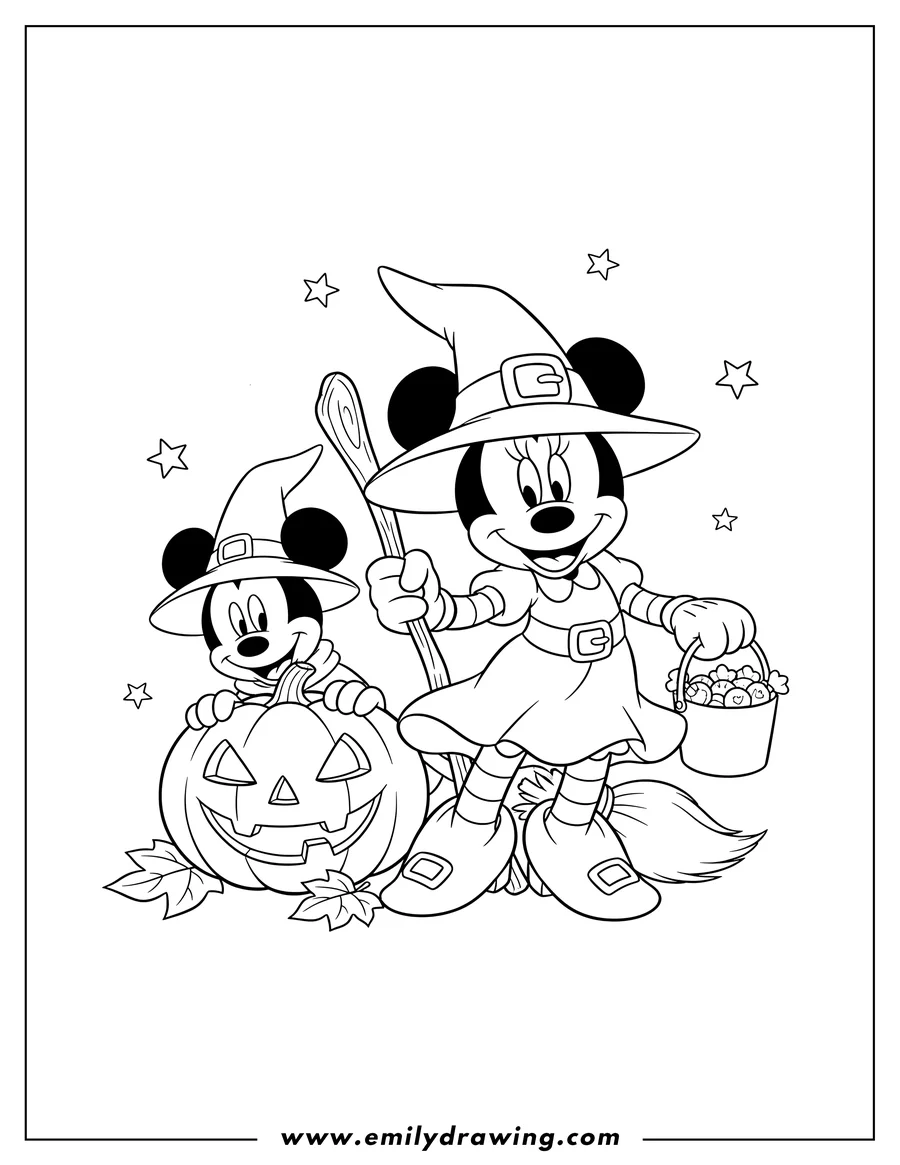 Free to print drawing of minnie Mouse dressed as a witch and Mickey Mouse peeking over a jack-o'-lantern for Halloween
