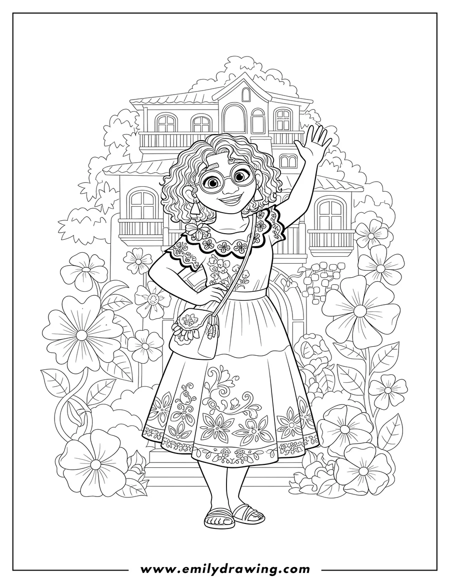 Outline drawing of mirabel Front Casita, smiling and posing