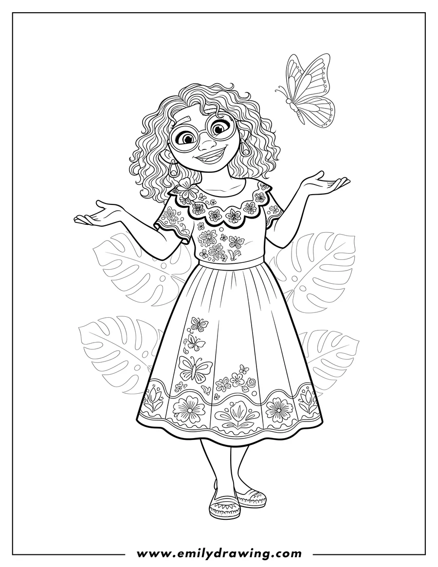 Black and white line art of easy Mirabel Outline, smiling and gesturing