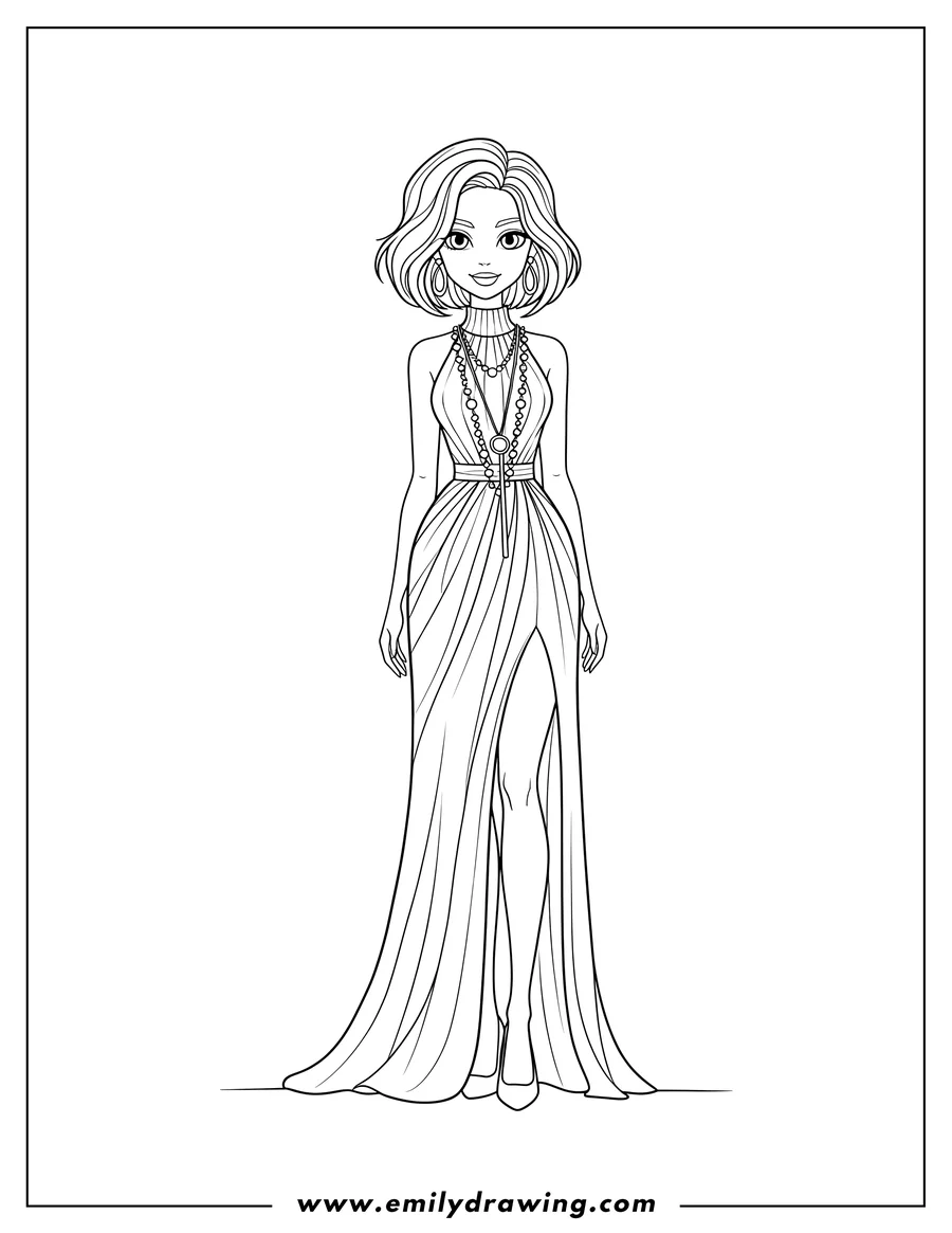 Clean line drawing: model Fashionable high-neck gown with high slit, short wavy hair, and long necklaces