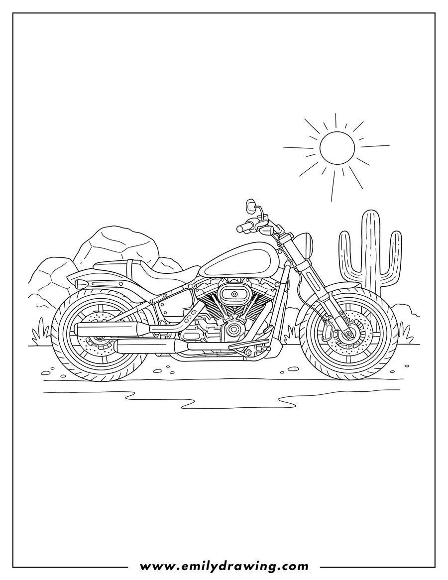 Printable coloring page of modern Harley Davidson cruiser motorcycle, parked, side view, desert